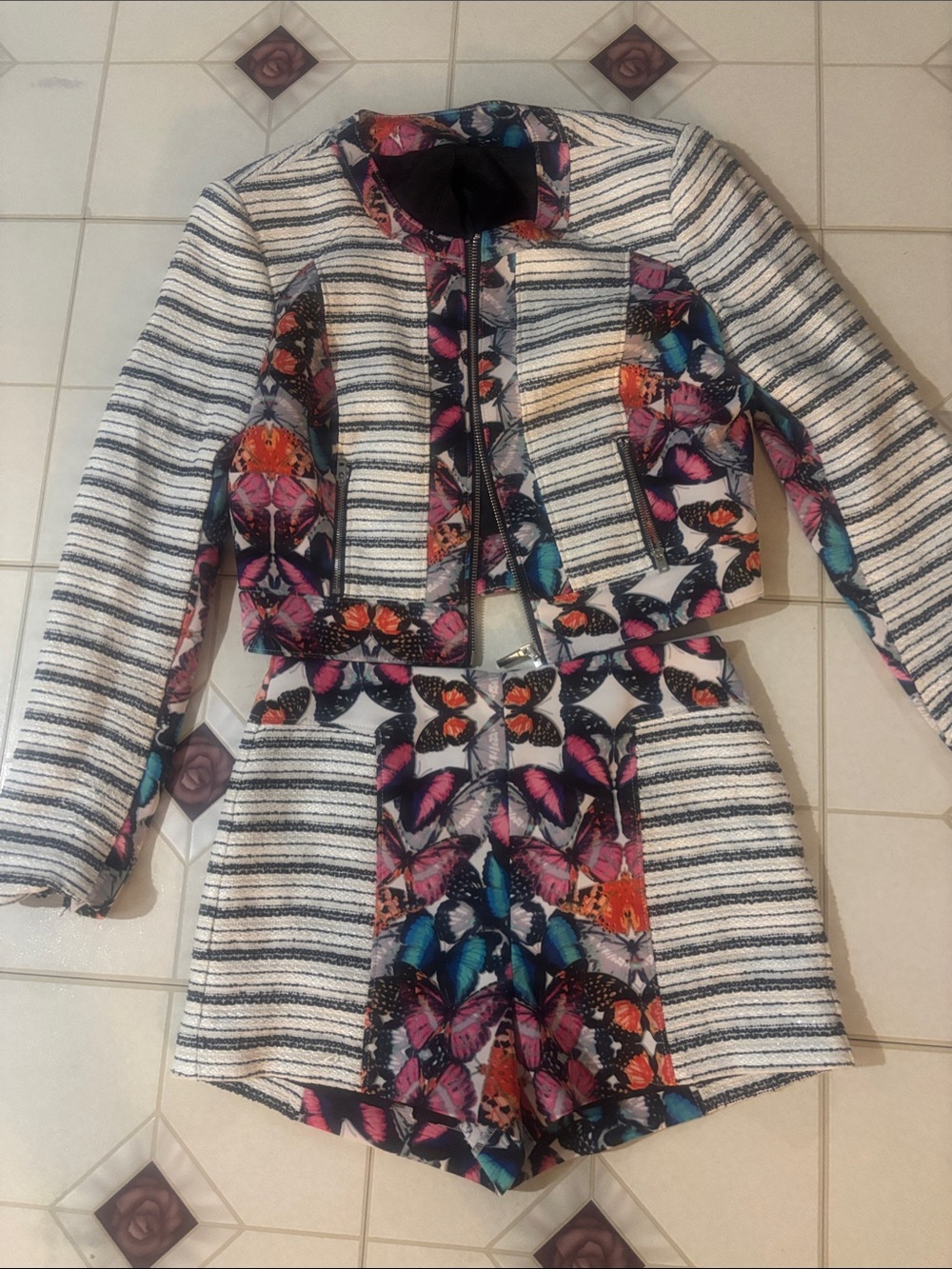 bebe Striped Tweed Jacket & Butterfly-Print Short Set in White and Multicolor